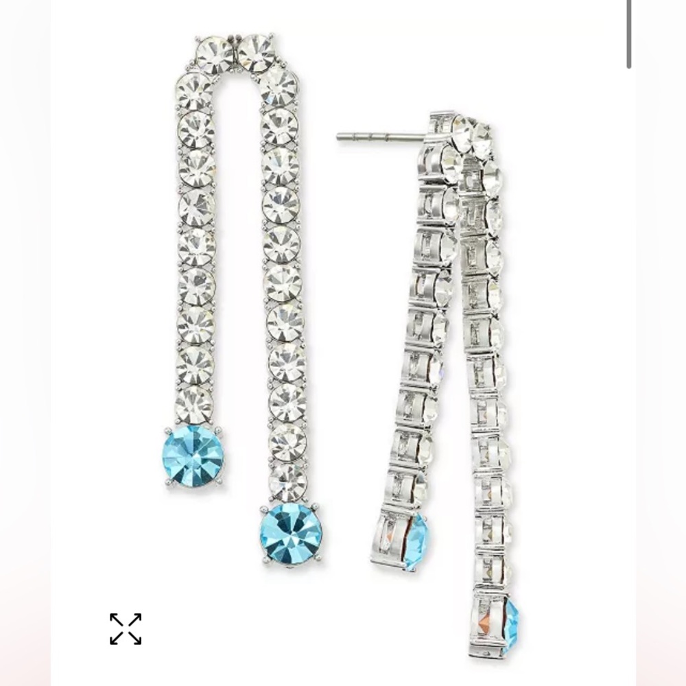 On 34th Crystal Silver-tone Double Chain Drop Earrings. Blue Crystal accent. NWT